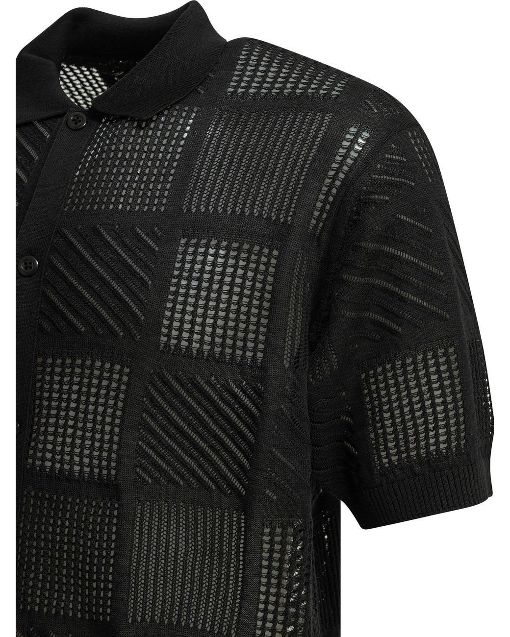 Beams Plus Black Cotton Nylon Spandex Textured Knit Button-Down Polo Shirt for men