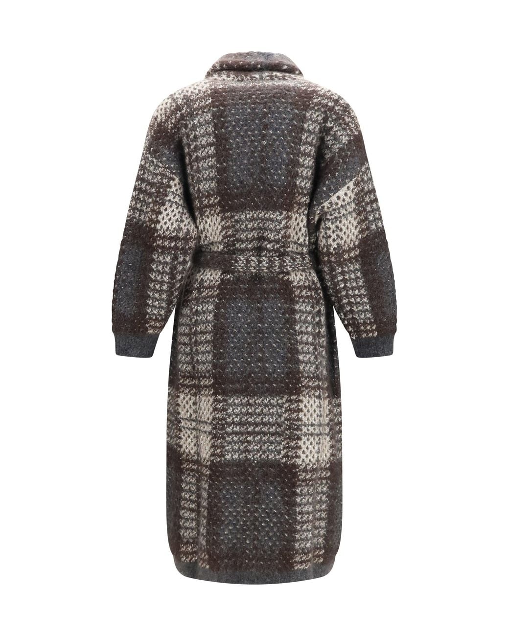 Brunello Cucinelli Gray Macrocheck Mohair Blend Coat With Belt