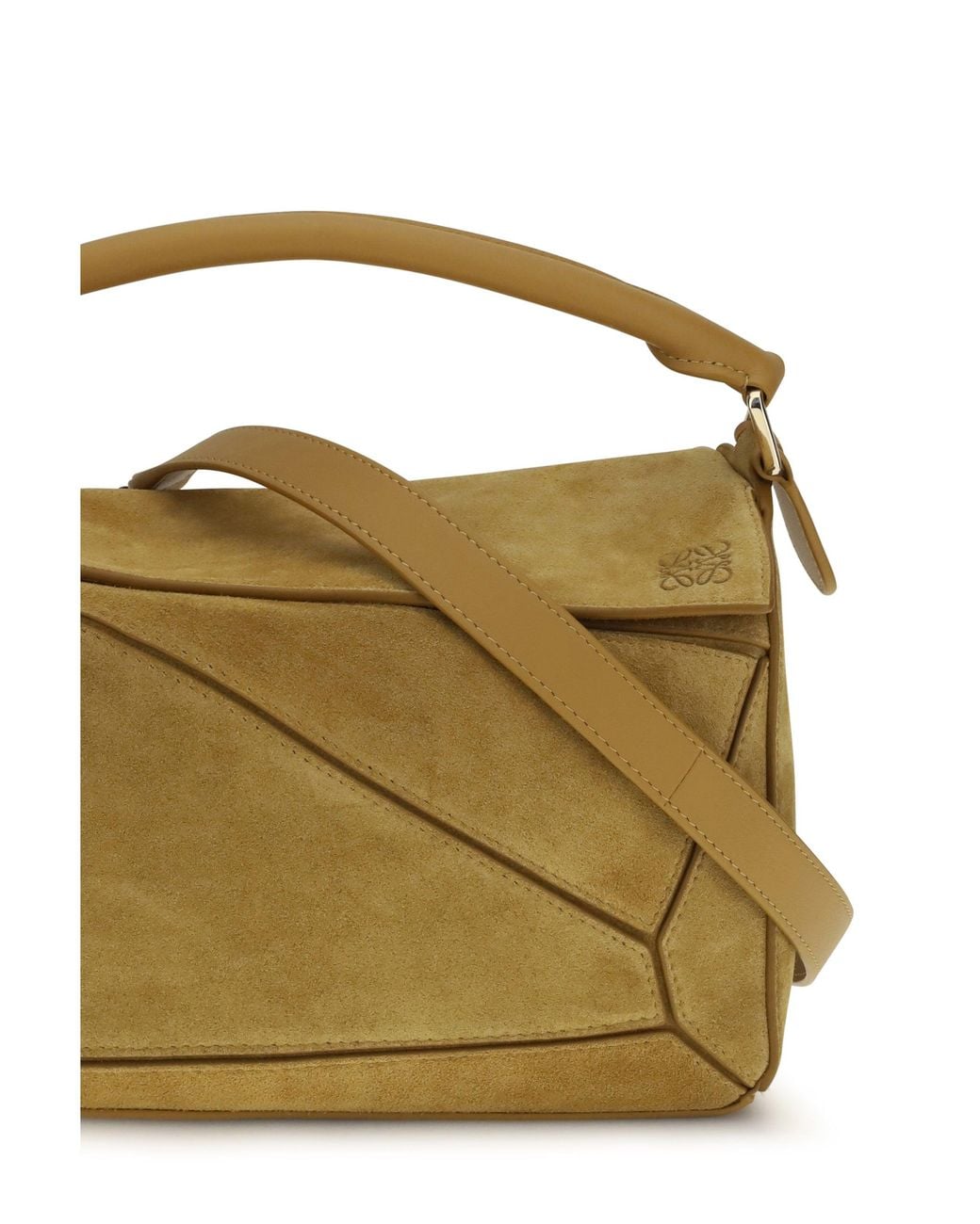 Loewe Green Small Featherlight Puzzle Suede Handbag Ochre