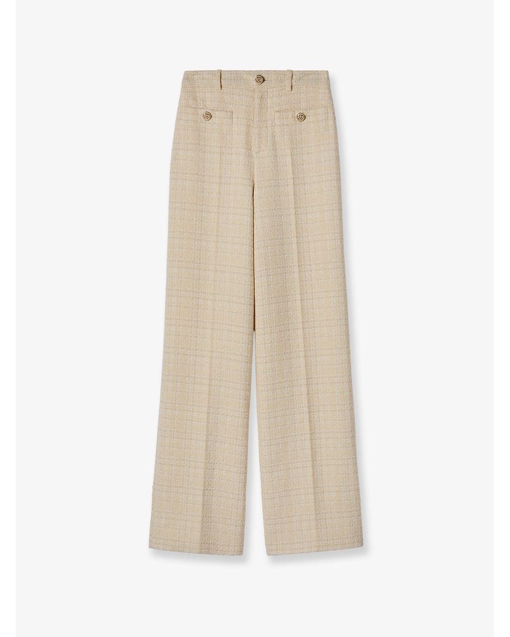 Gucci Natural Cotton Blend Trousers With Checked Pattern