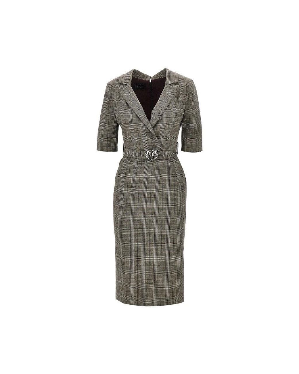 Pinko Gray Wool-Blend Midi Dress With Check Motif
