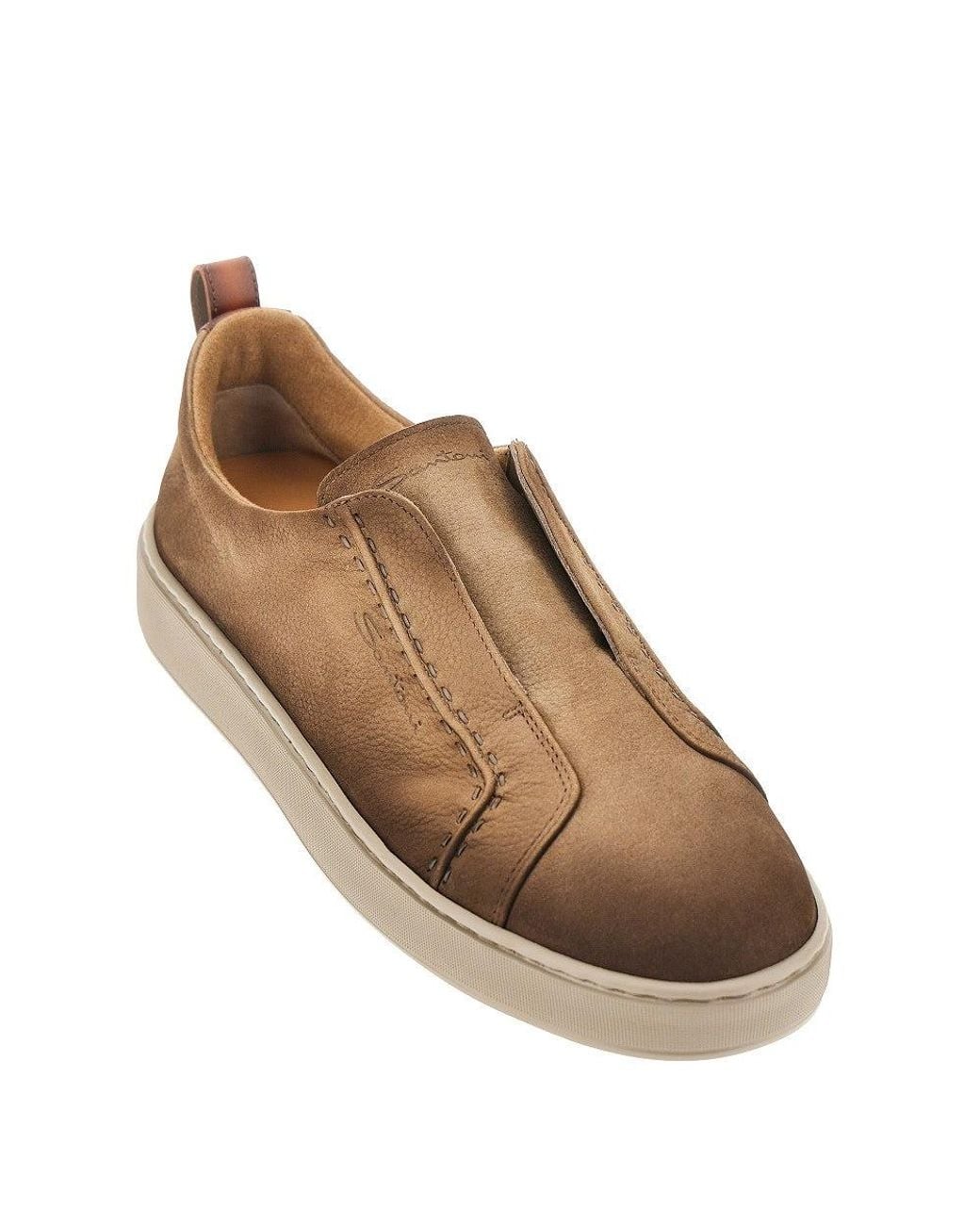Santoni Brown Vintage Effect Leather Slip-On Sneakers for men