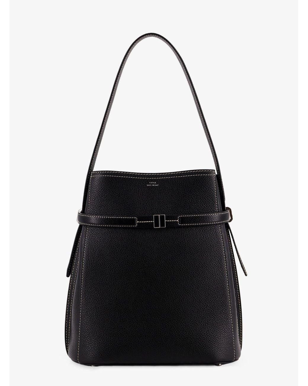 Totême Black Hammered Leather Bucket Bag With Strap On The Front