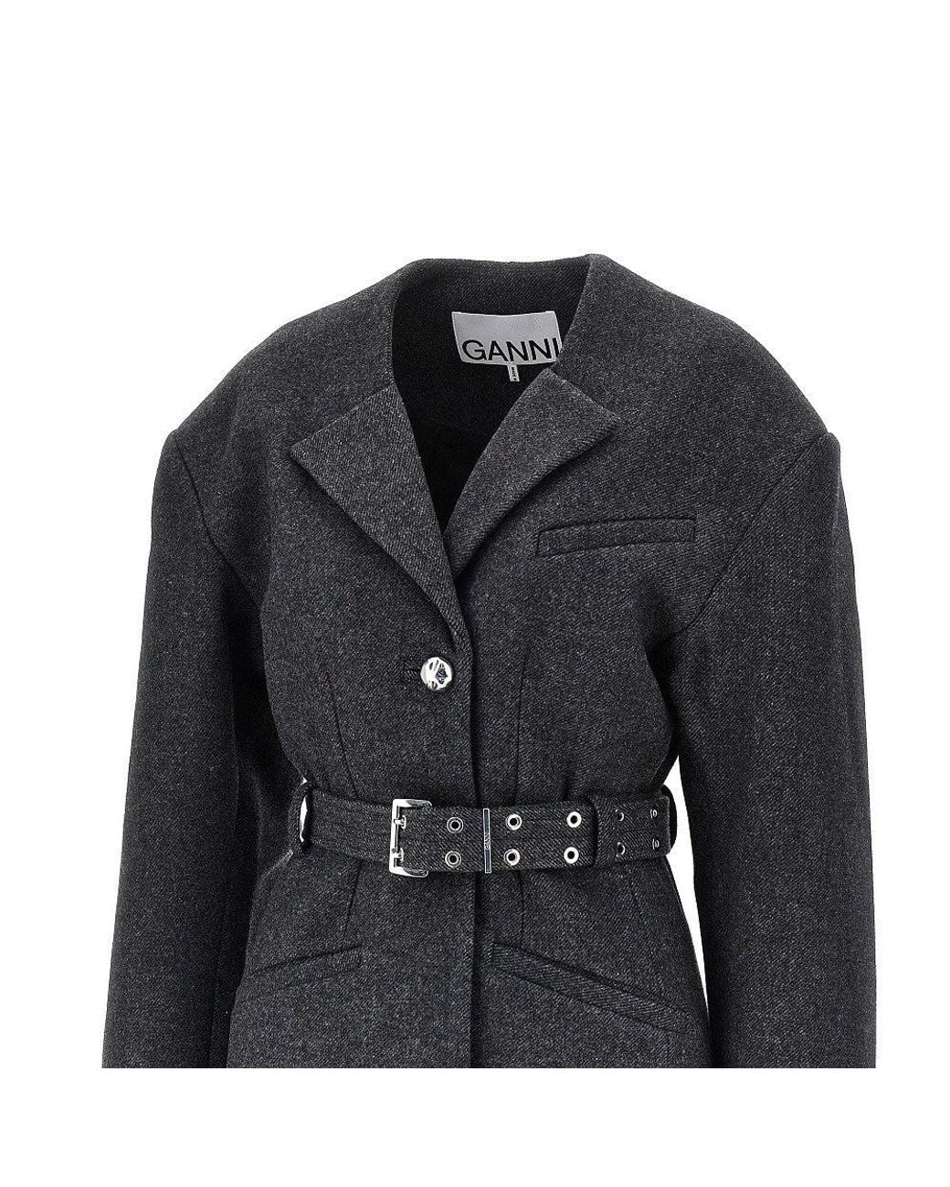 Ganni Black Wool-Blend Jacket With Belt