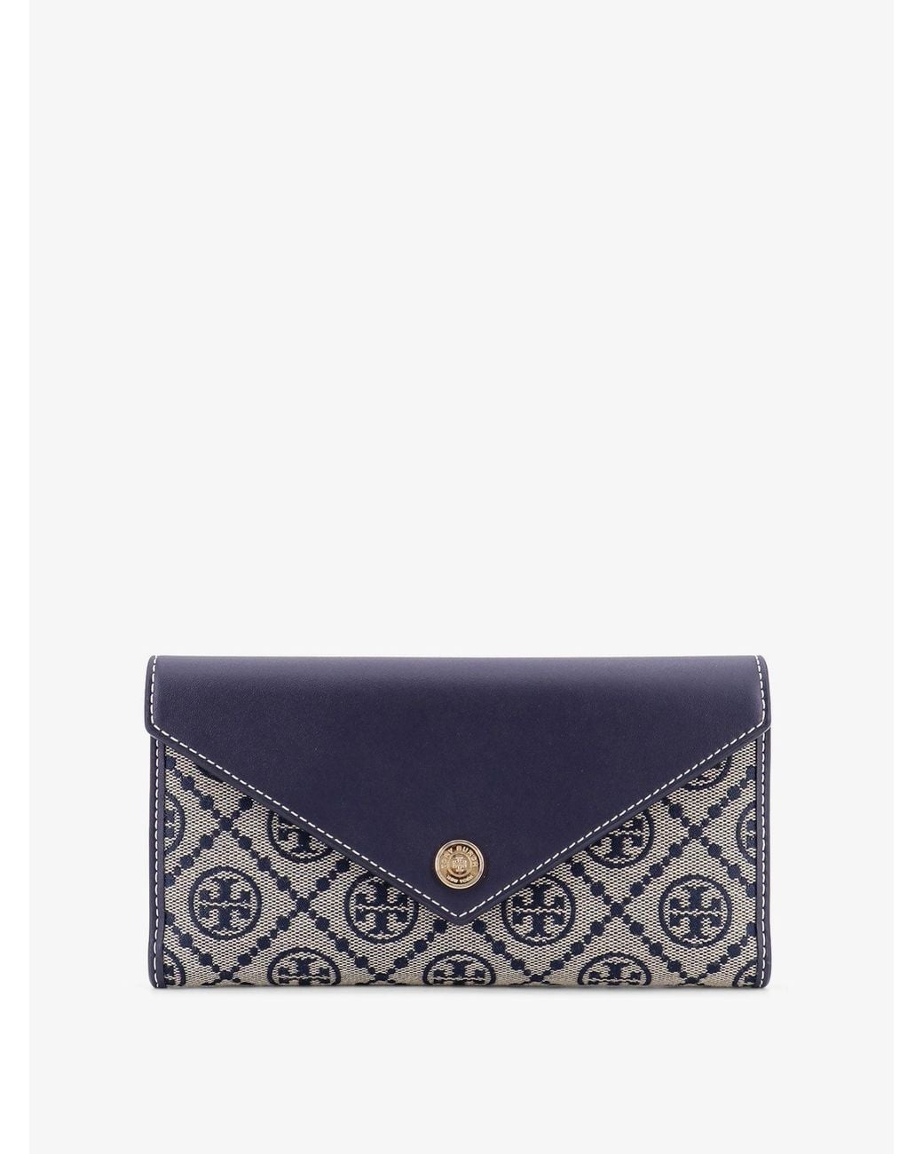 Tory Burch Blue Leather And T Monogram Fabric Wallet