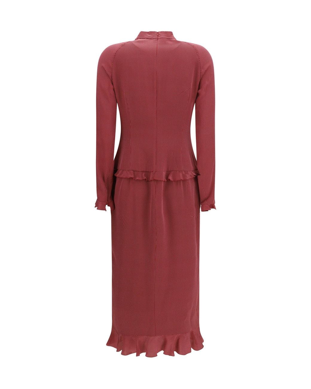 Alessandra Rich Red Silk Polka-Dot Midi Dress Bordeaux