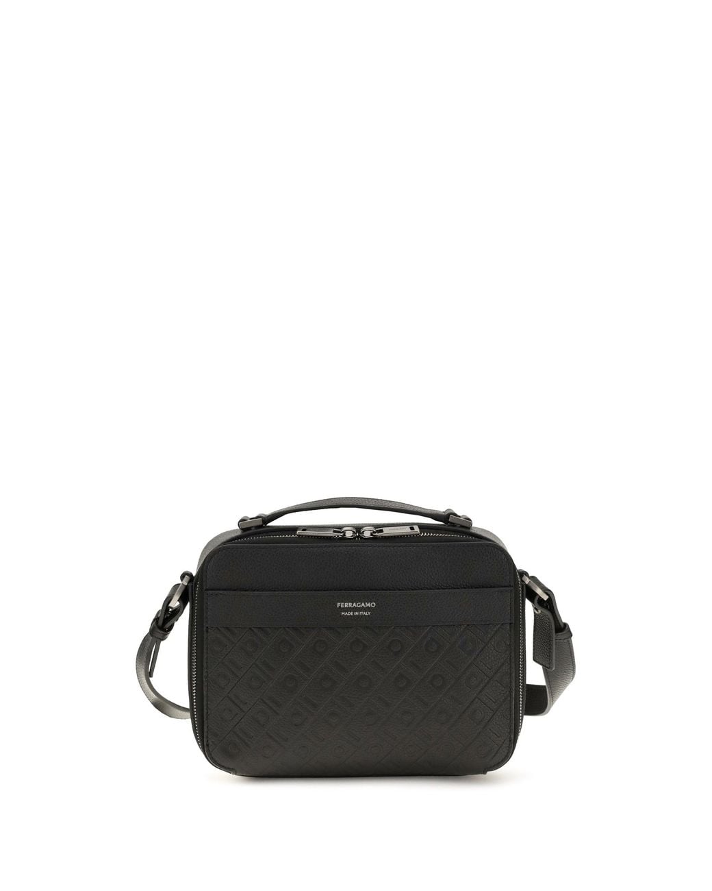 Ferragamo Black Leather Crossbody Bag Gancini Pattern Calf Shoulder for men