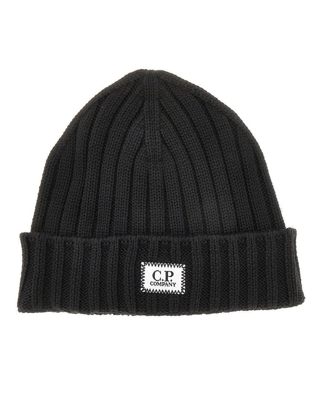 C P Company Black Knitted Beanie Hat With Logo Patch for men