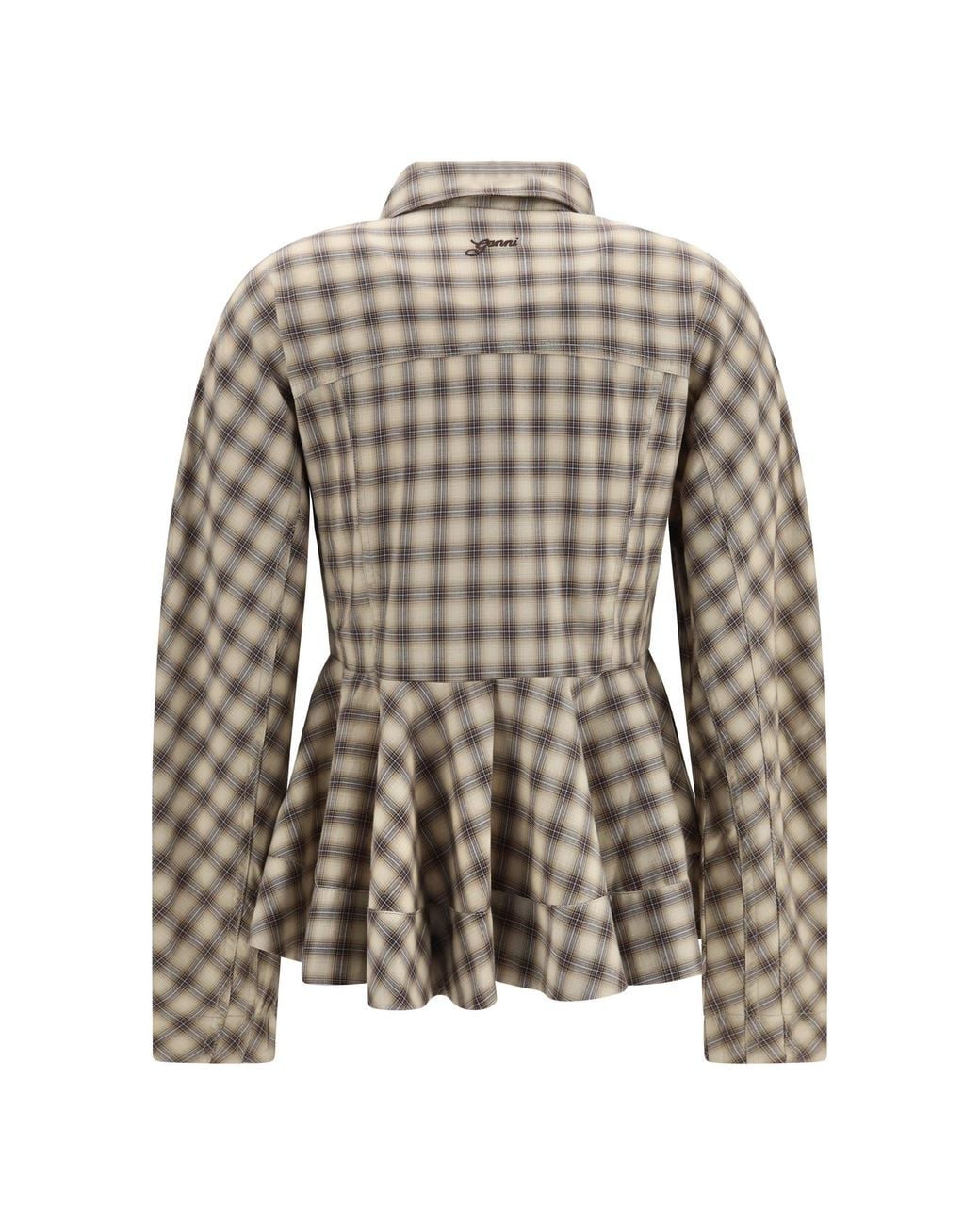 Ganni Gray Check Flannel Peplum Shirt Oyster