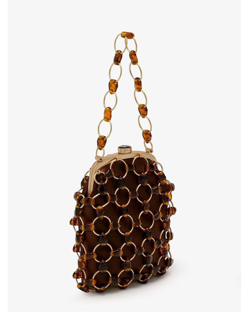 Cult Gaia Brown Brielle Wristlet Leather Handbag With All-Over Pearl Detail