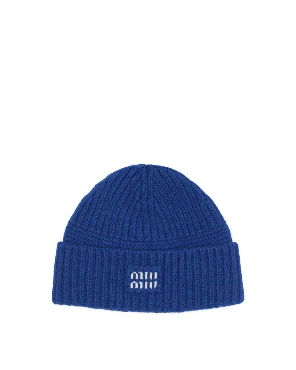 Miu Miu Blue Wool And Cashmere Beanie With Logo