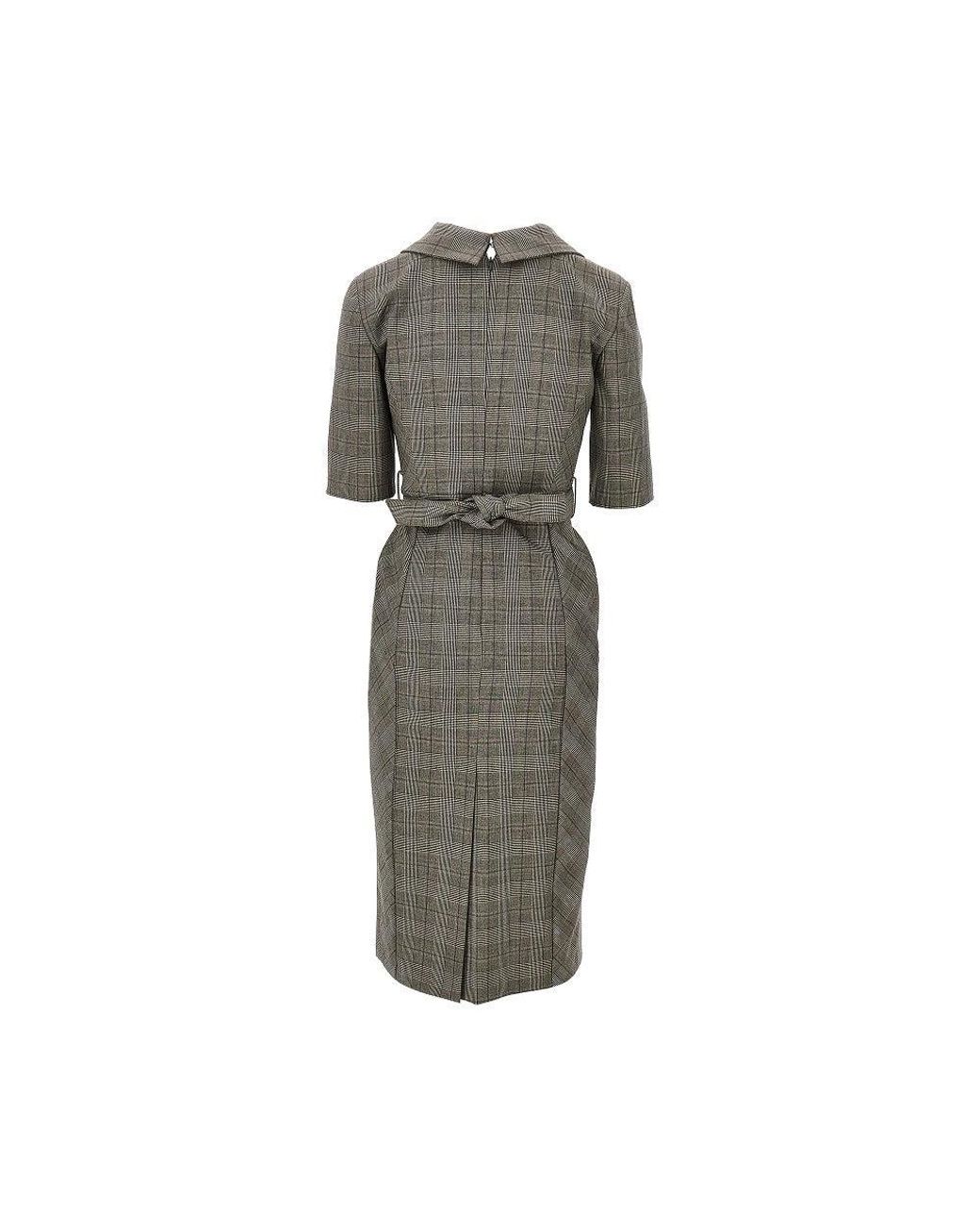 Pinko Gray Wool-Blend Midi Dress With Check Motif