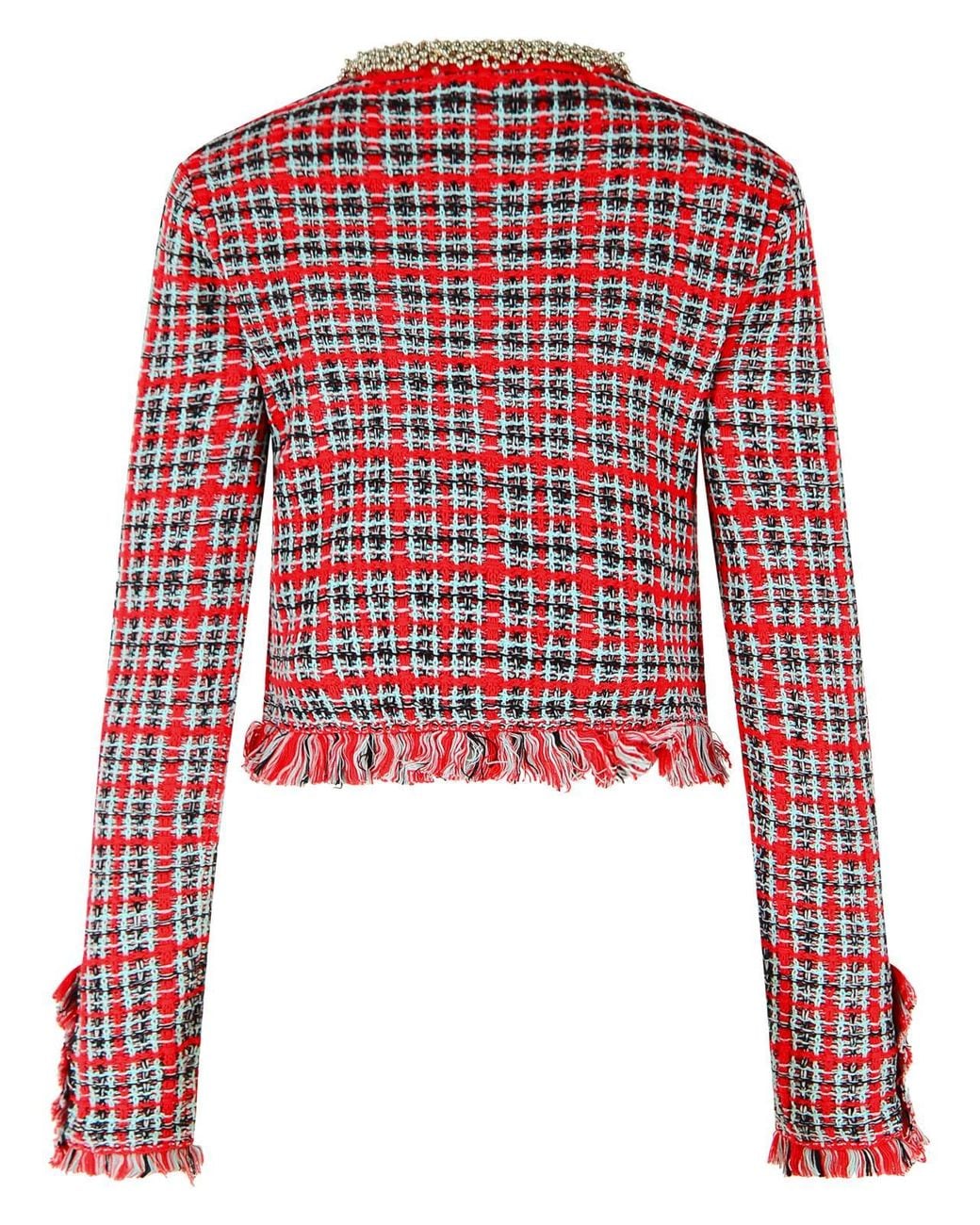 Self-Portrait Red Plaid Frayed-Trim Cotton-Blend Blazer