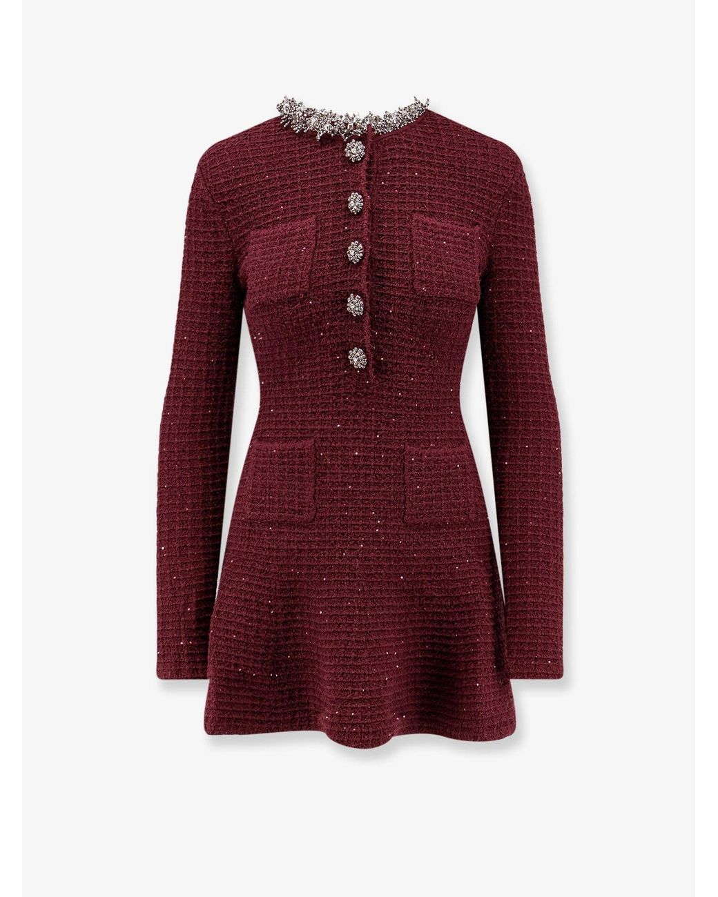 Self-Portrait Red Knitted Bordeaux Dress With Jewel Details