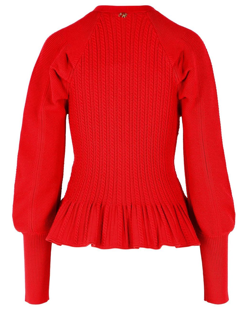 Blumarine Red Ribbed Ruffle-Hem Knit Cardigan