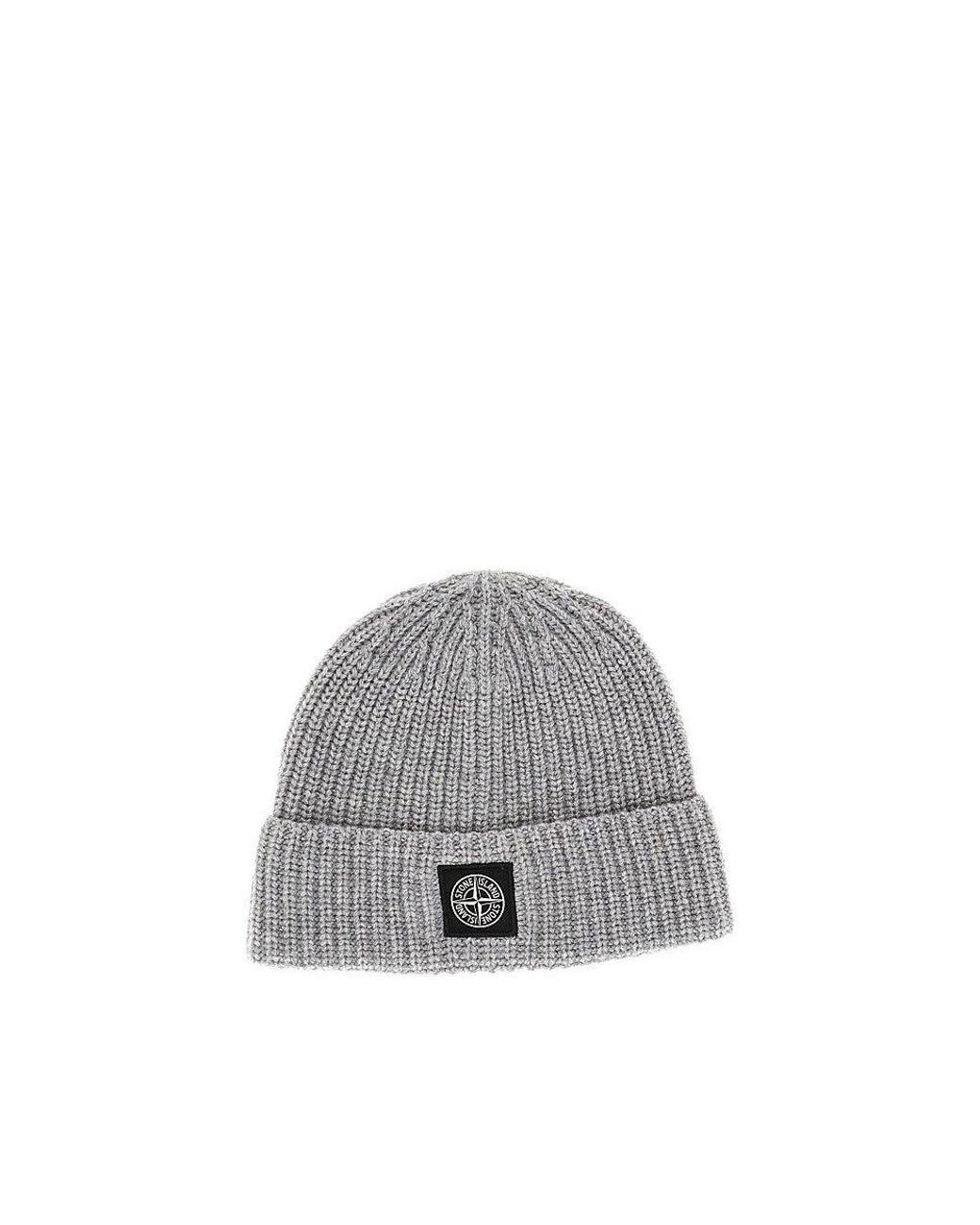 Stone Island Gray Virgin Wool Beanie Hat With Logo Patch for men