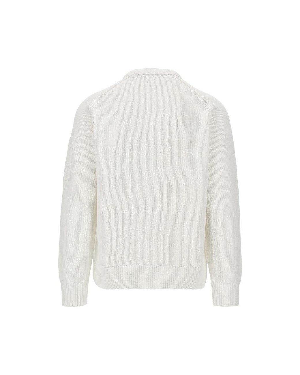 C P Company White Cotton Chenille Crewneck Sweater for men