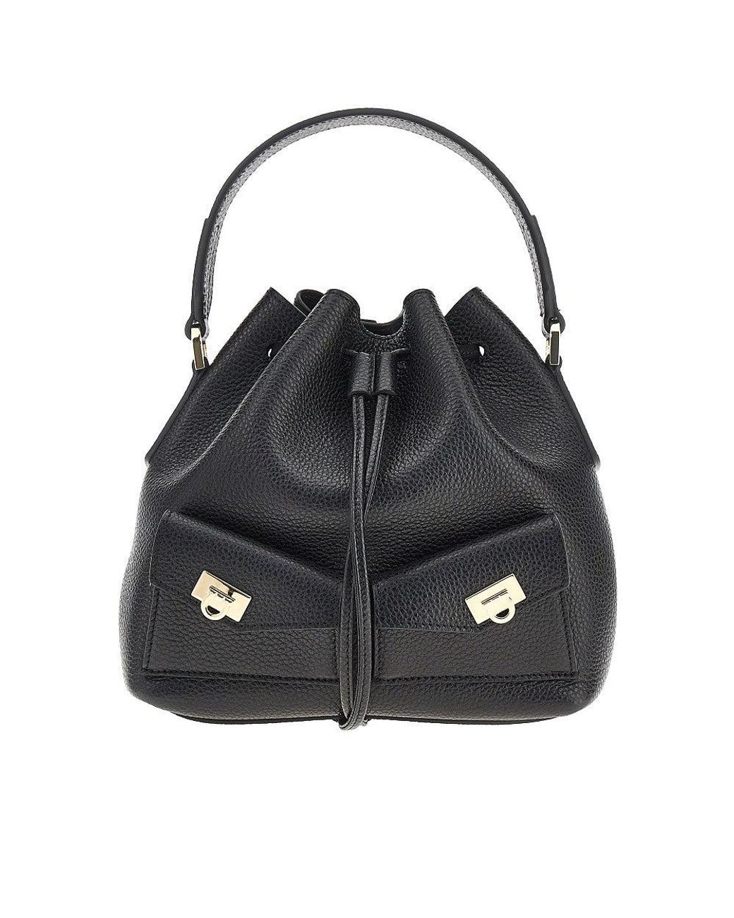 Ferragamo Black Grained Leather Multipocket Bucket Bag