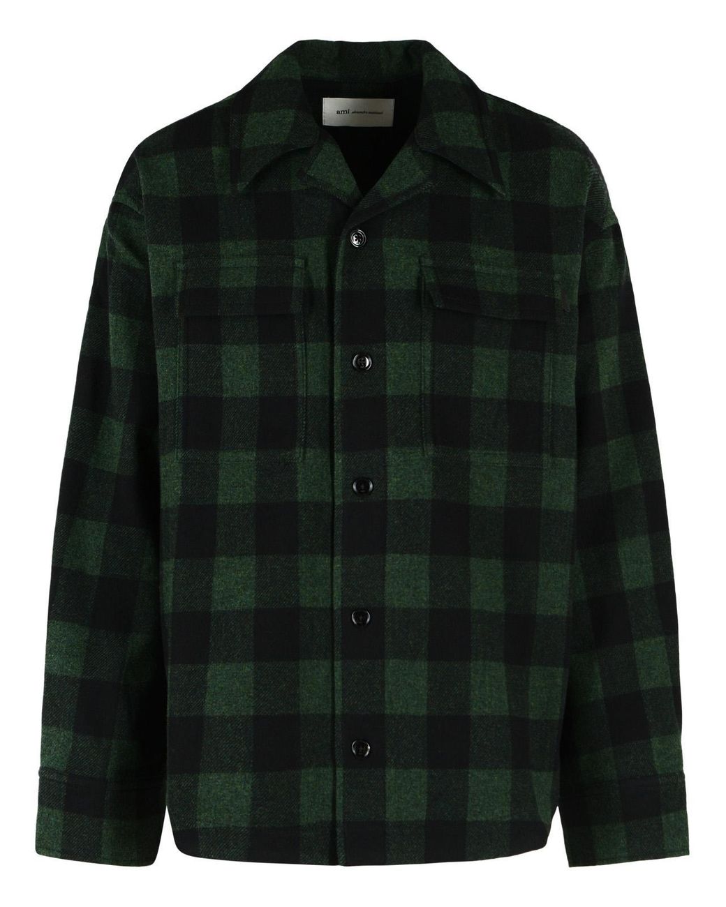 AMI Black Check Wool Overshirt for men