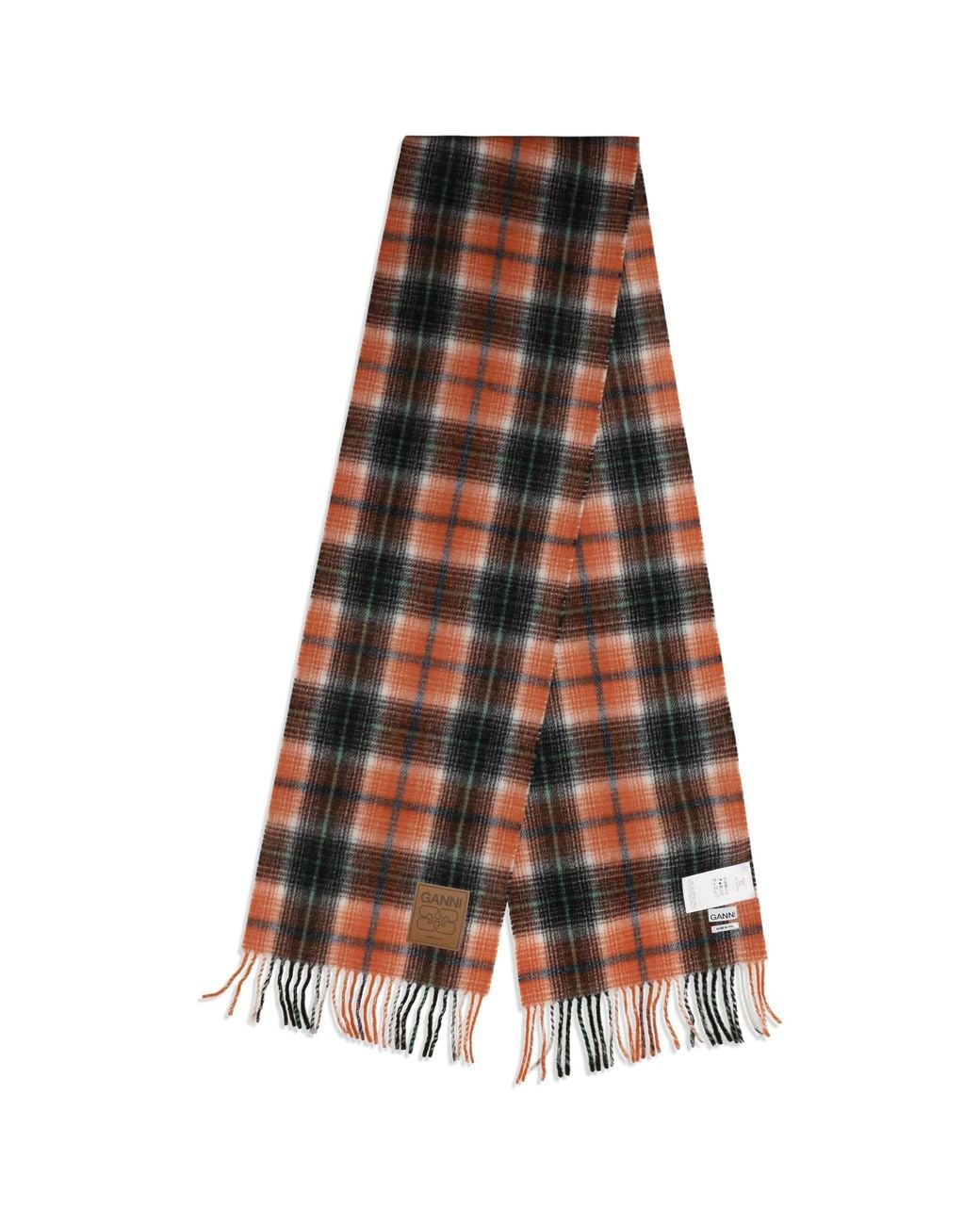 Ganni Orange Checked Wool Scarf