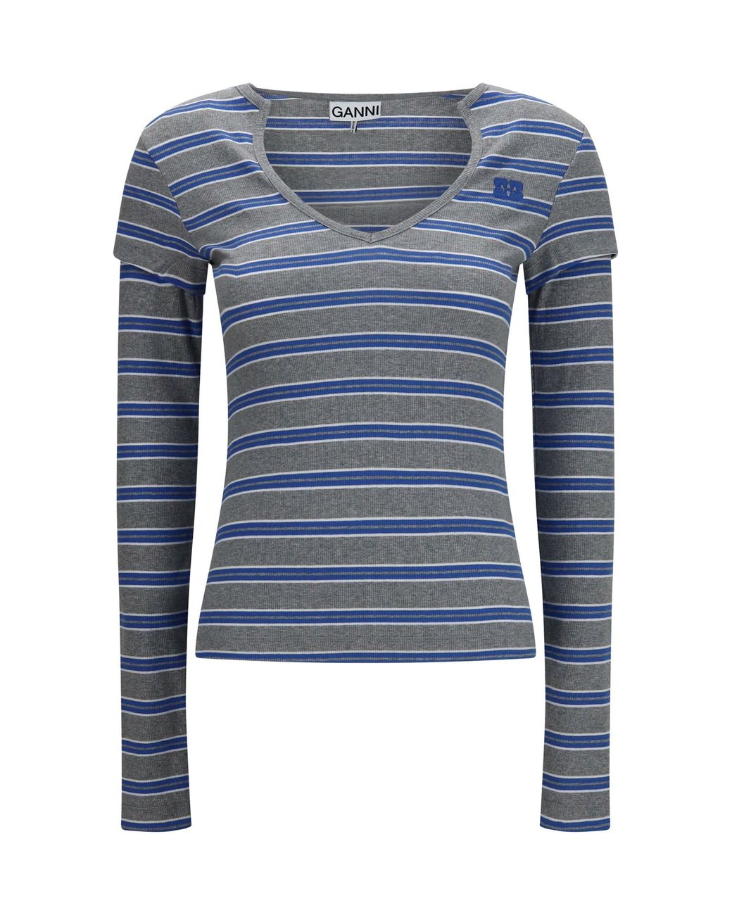 Ganni Blue Ribbed V-Neck Long-Sleeve T-Shirt Strong