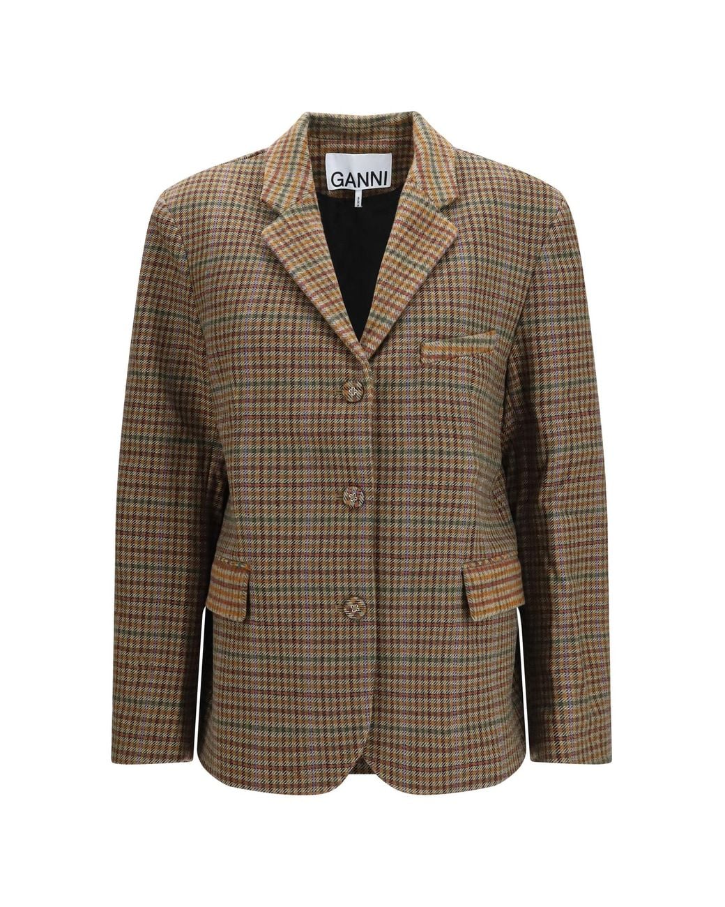Ganni Brown Checked Twill Blazer
