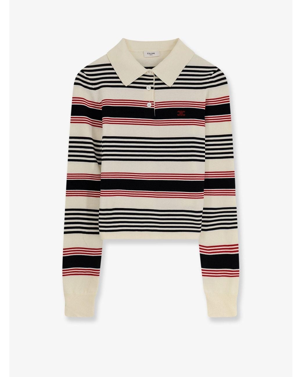 Céline White Striped Cotton Polo Sweater