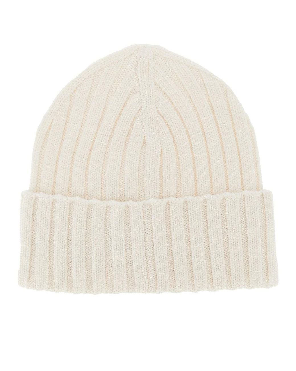 Moncler Natural Wool Beanie Hat With Logo Patch