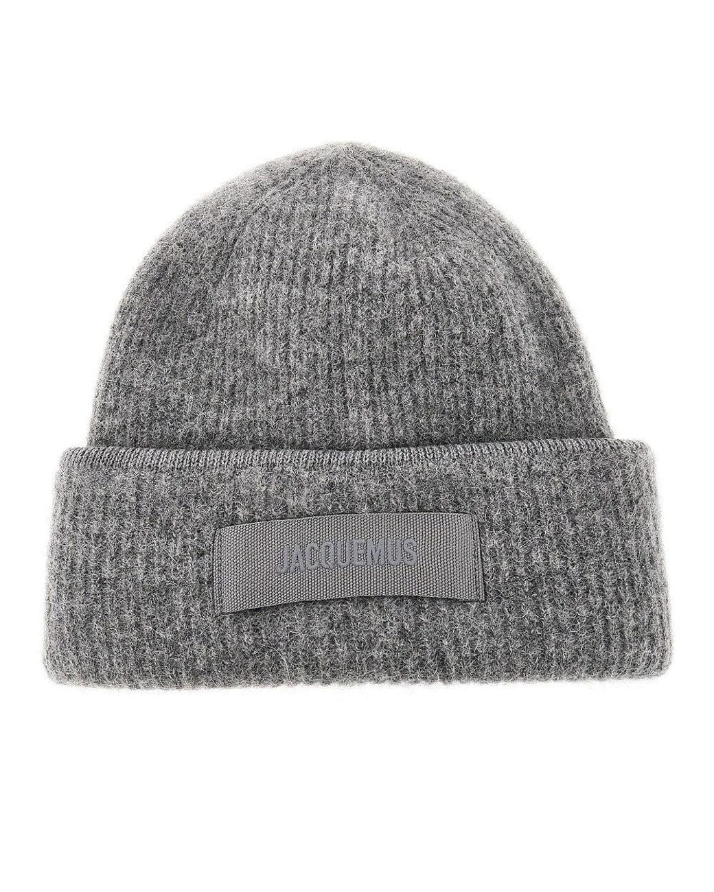 Jacquemus Gray Knitted Beanie Hat With Gros-Grain Logo