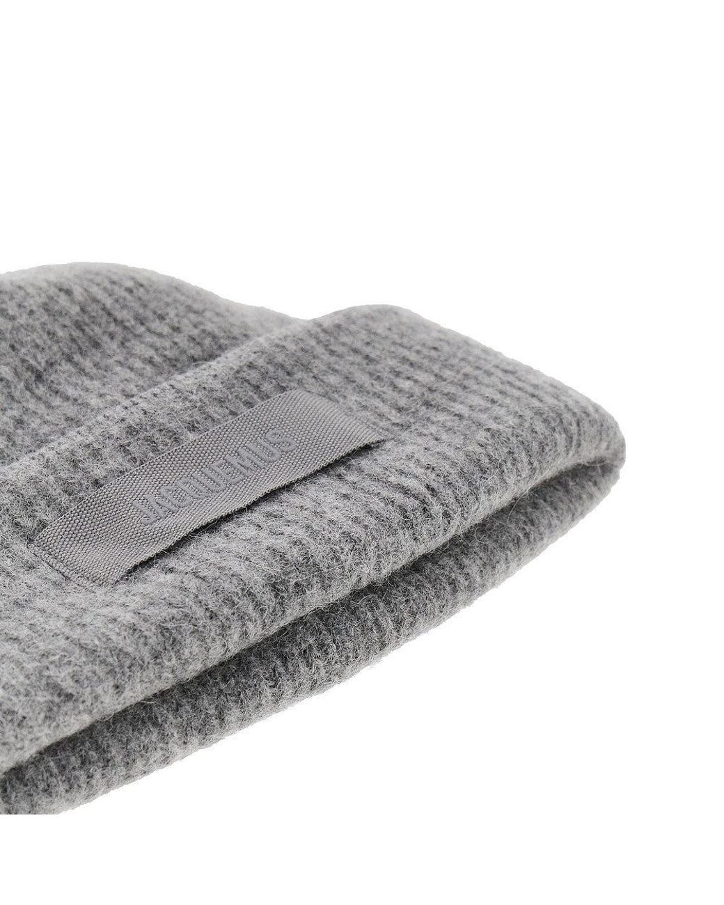 Jacquemus Gray Knitted Beanie Hat With Gros-Grain Logo