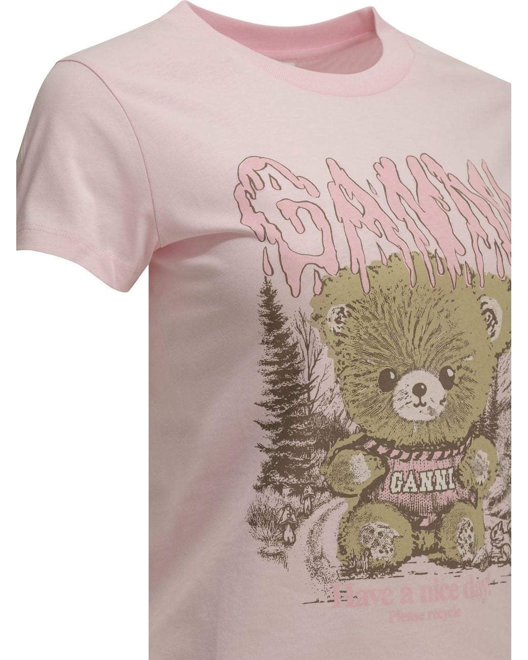Ganni Pink "Forest Teddy" Crew-Neck T-Shirt