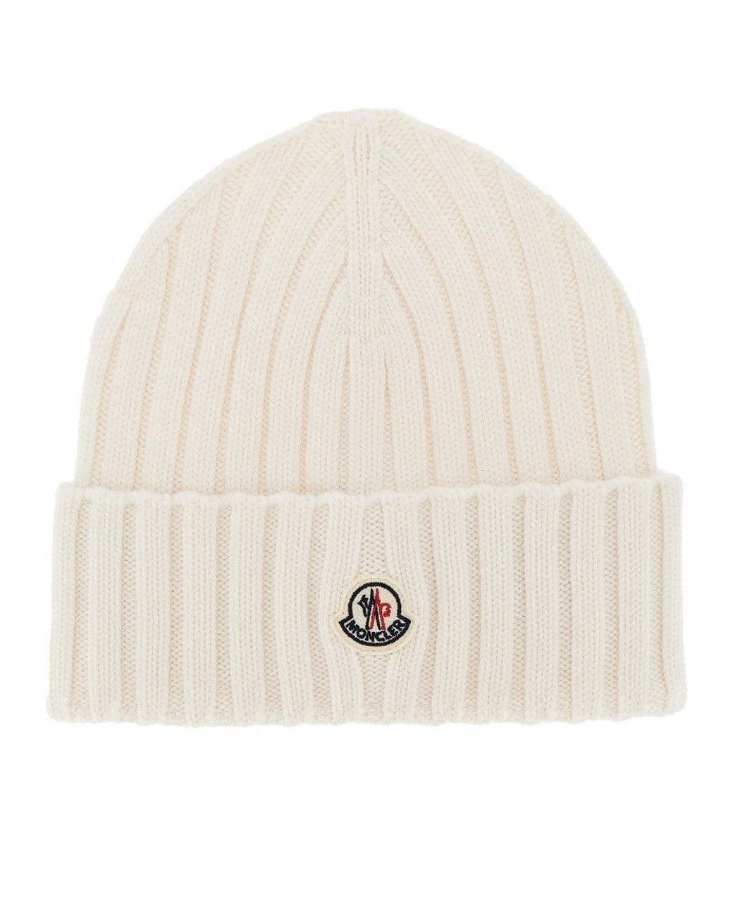 Moncler Natural Wool Beanie Hat With Logo Patch