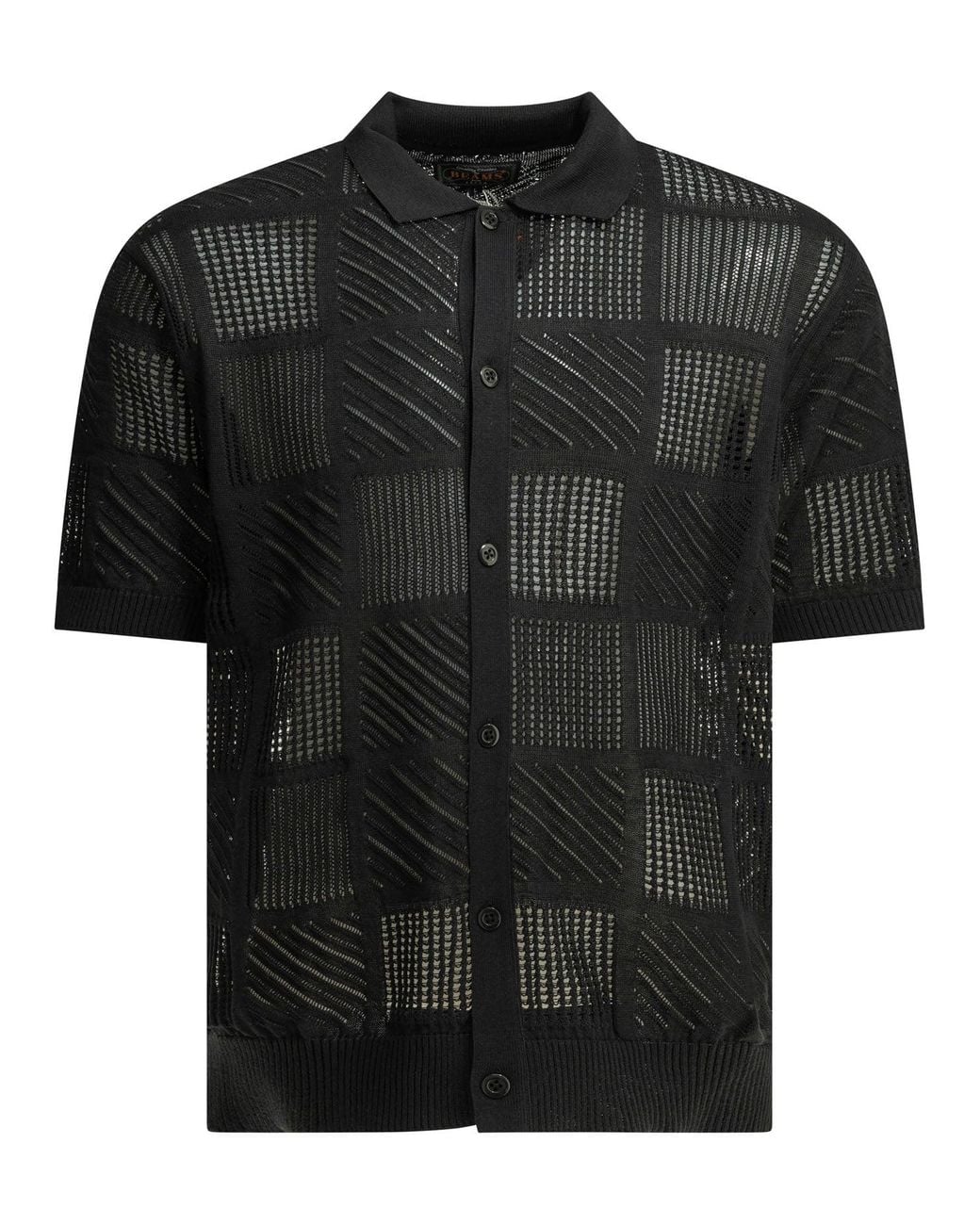 Beams Plus Black Cotton Nylon Spandex Textured Knit Button-Down Polo Shirt for men