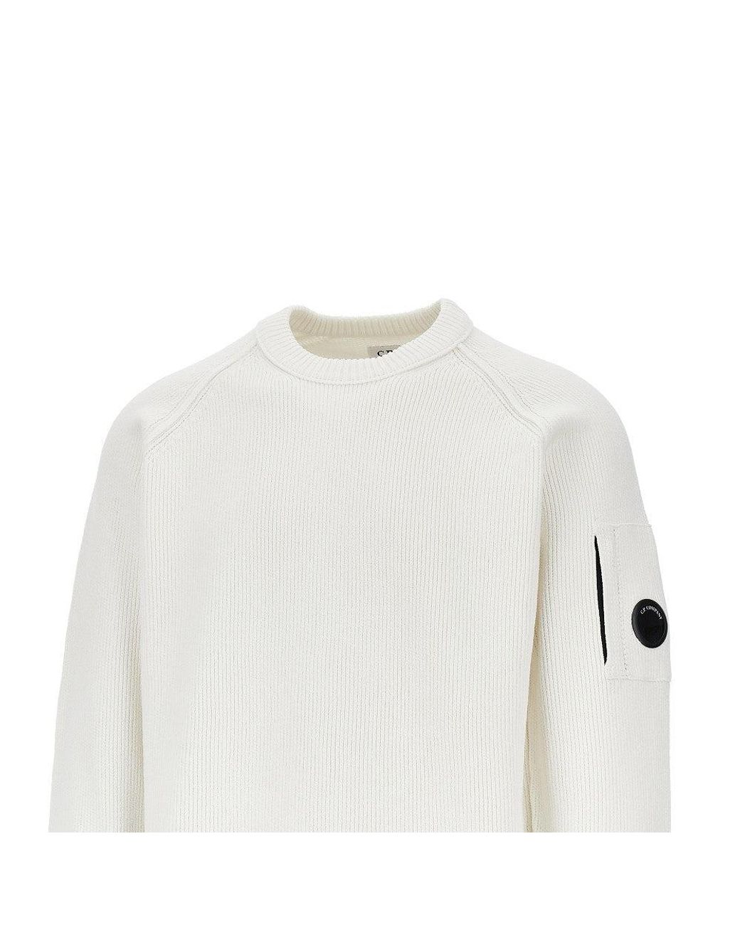 C P Company White Cotton Chenille Crewneck Sweater for men