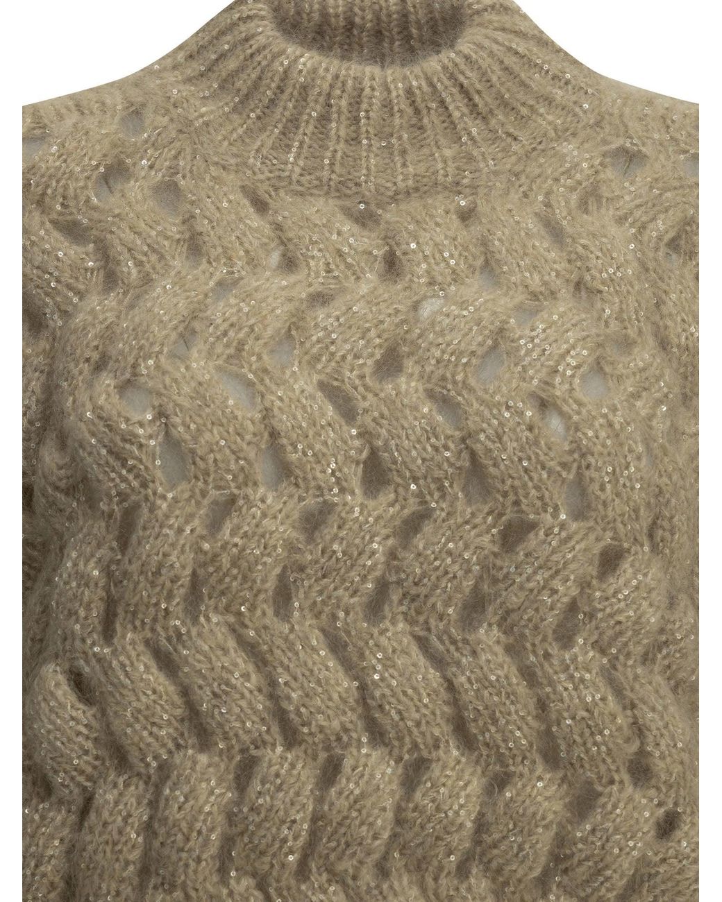 Brunello Cucinelli Natural "Dazzling Zigzag Cables" Crew-Neck Sweater