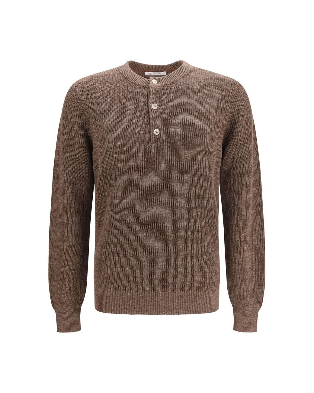 Brunello Cucinelli Brown Cotton And Linen Henley Sweater for men
