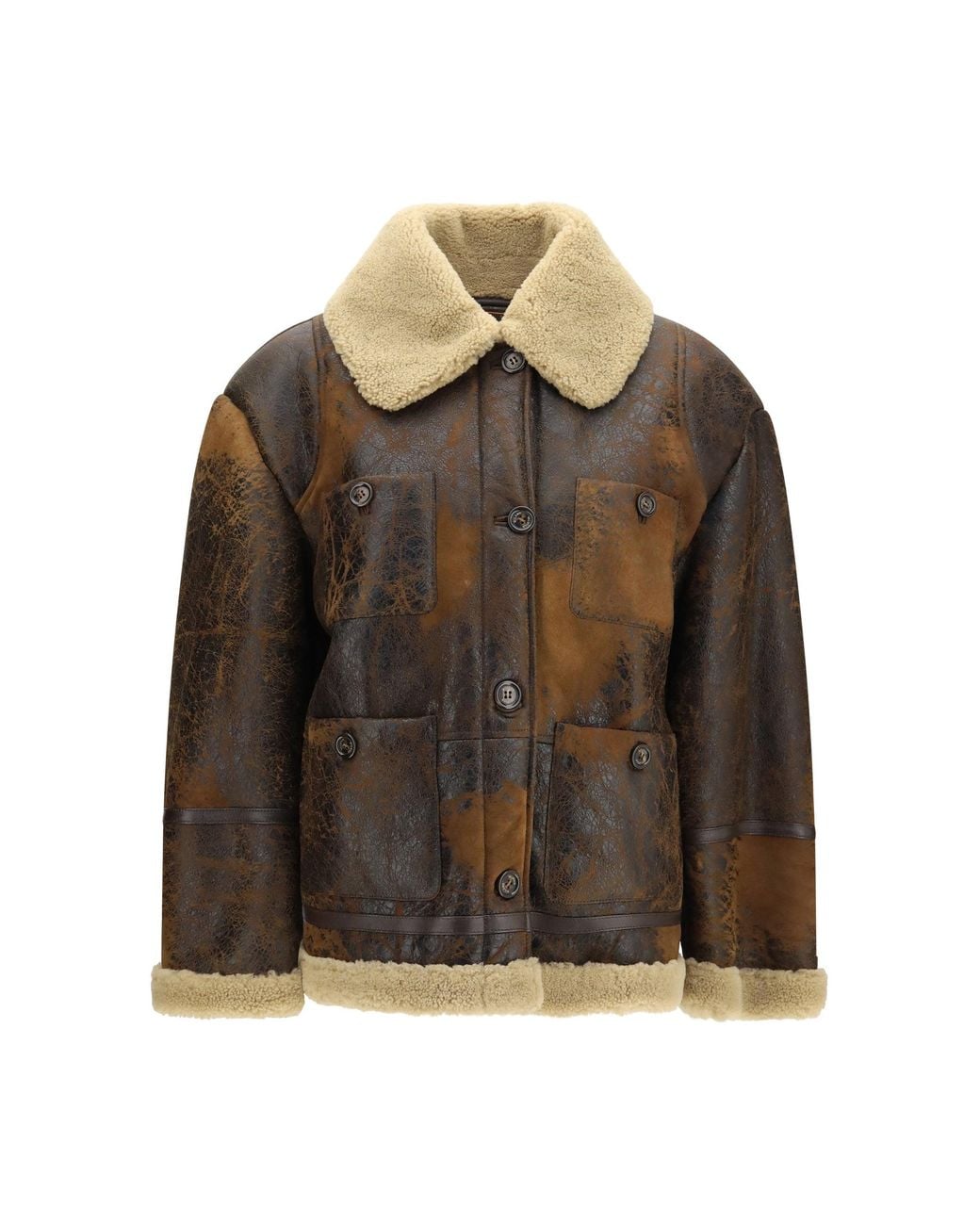 Valstar Brown Oversized Leather Jacket Shearling Collar