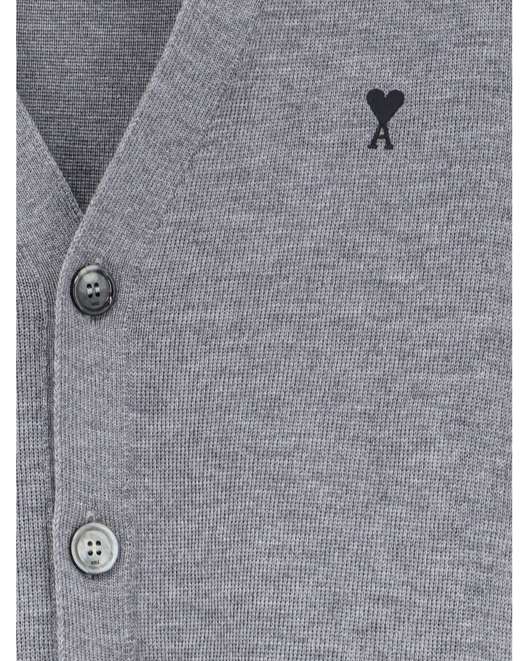 AMI Gray Wool Cardigan With Iconic Embroidery for men