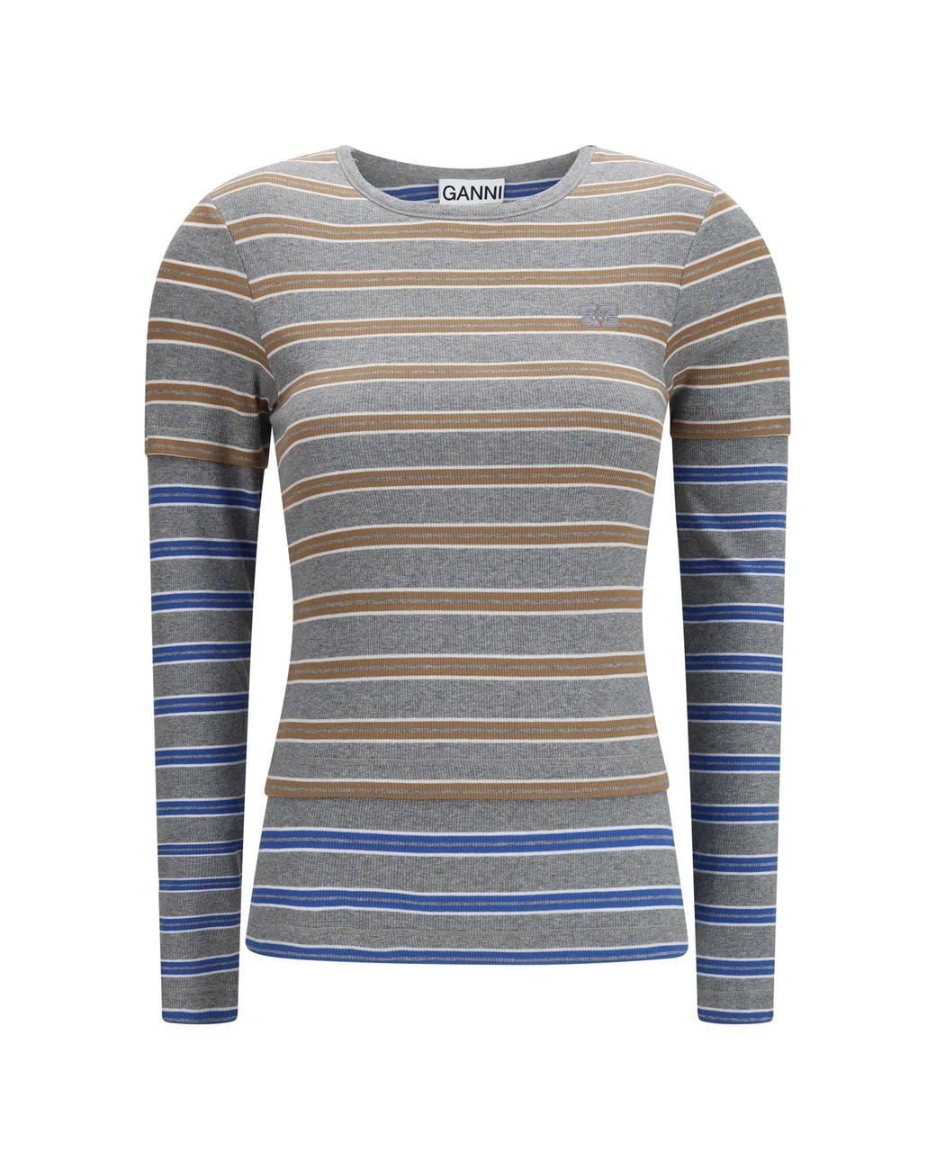 Ganni Gray Double-Sleeve Striped Cotton T-Shirt