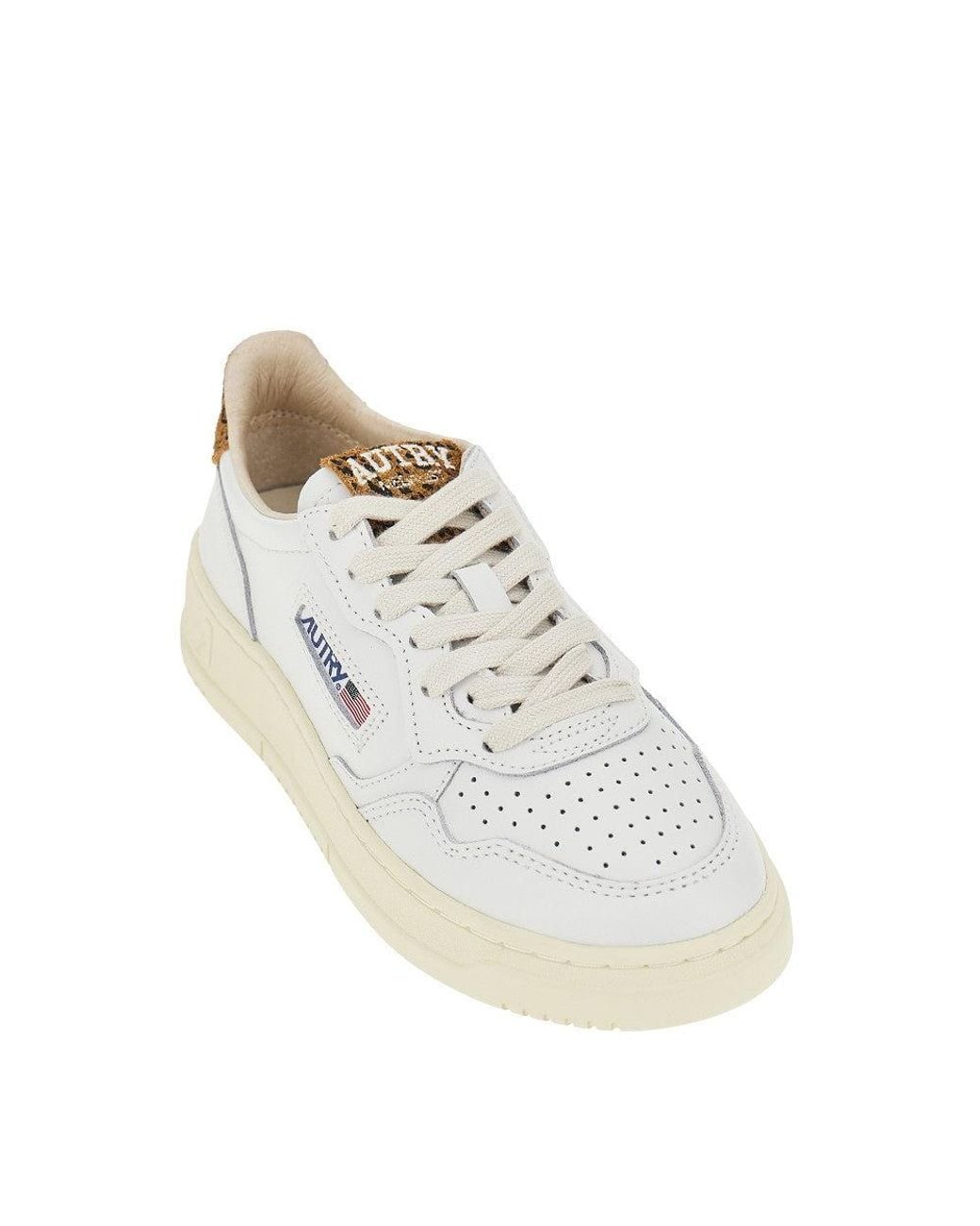 Autry White Medalist Low-Top Leather Sneaker For With Logo Patch Tongue And Leopard Motif