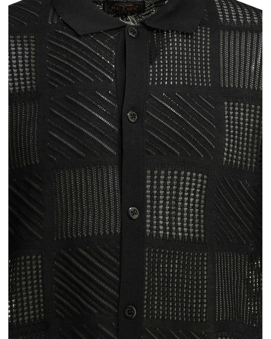Beams Plus Black Cotton Nylon Spandex Textured Knit Button-Down Polo Shirt for men