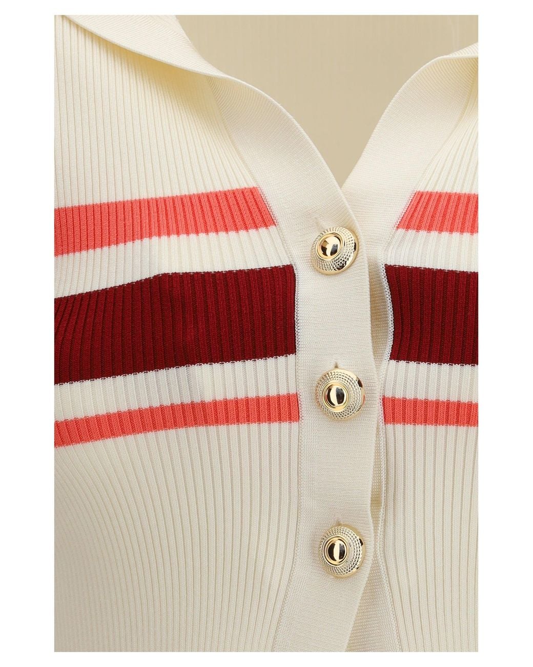 Self-Portrait White Striped Viscose Knit Button Top