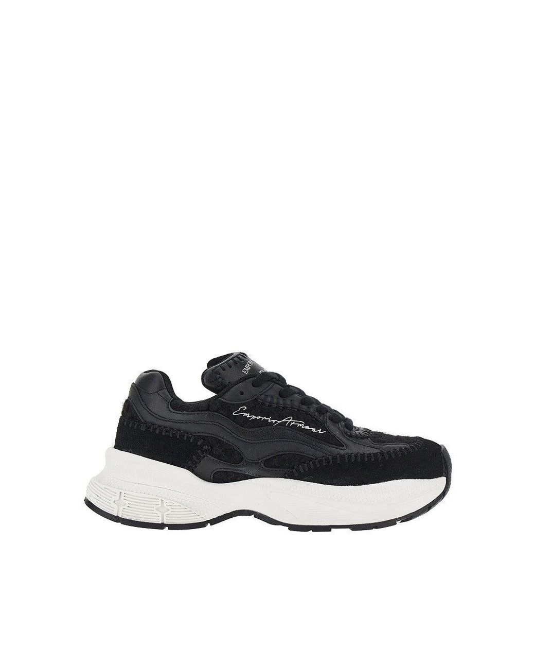 Emporio Armani Blue Knitted Sneakers With Faux Leather Details