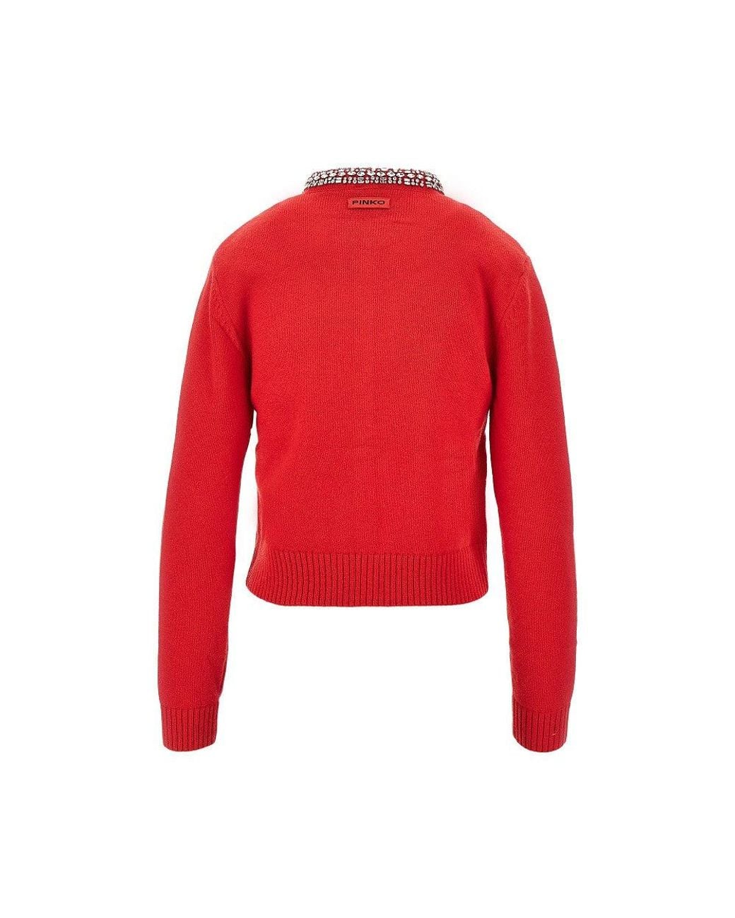 Pinko Red Wool-Blend Cardigan With Crystals