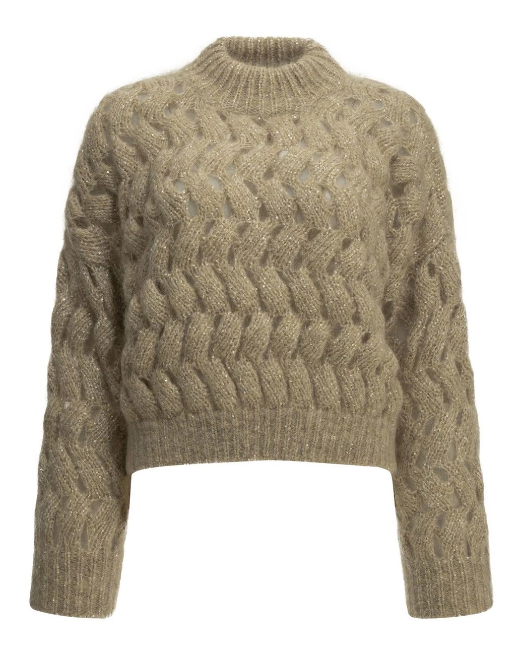 Brunello Cucinelli Natural "Dazzling Zigzag Cables" Crew-Neck Sweater