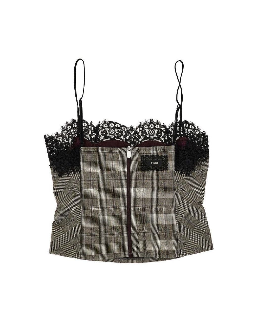 Pinko Brown Prince Of Wales Top With Lace Trim