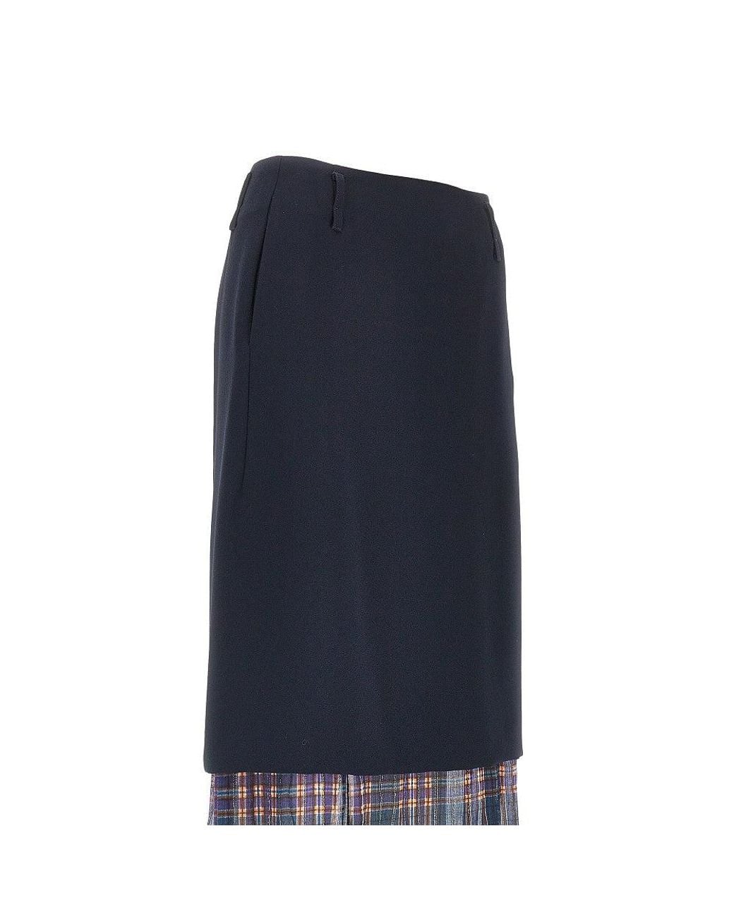 Dries Van Noten Blue Cady Midi Skirt With Check Insert