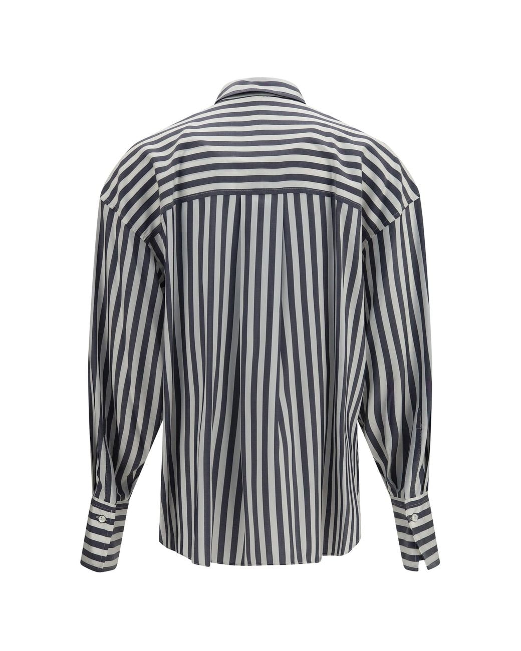 Brunello Cucinelli White Silk Poplin Striped Shirt Denim/Bianco