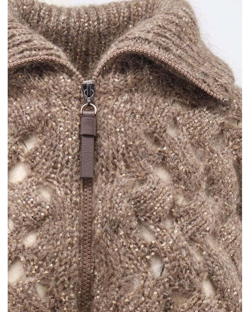 Brunello Cucinelli Brown Perforated Cardigan With Micro-Sequins