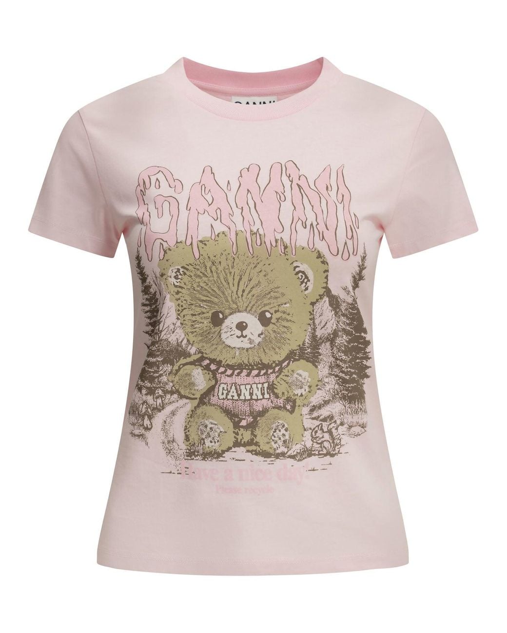 Ganni Pink "Forest Teddy" Crew-Neck T-Shirt